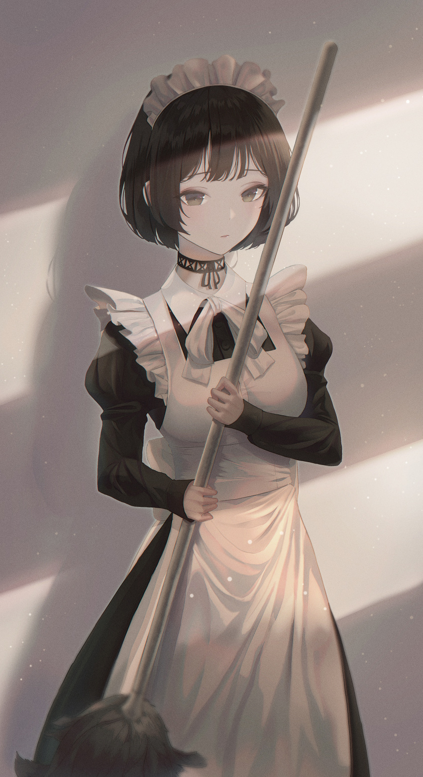 1girl, absurdres, apron, black_hair, bow_choker, breasts, brown_eyes, choker