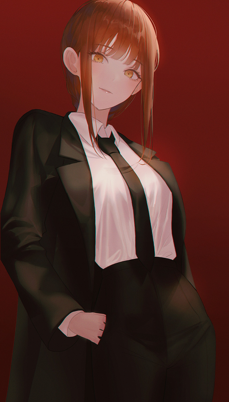 1girl, bangs, black_necktie, black_pants, braid, braided_ponytail, breasts, chainsaw_man