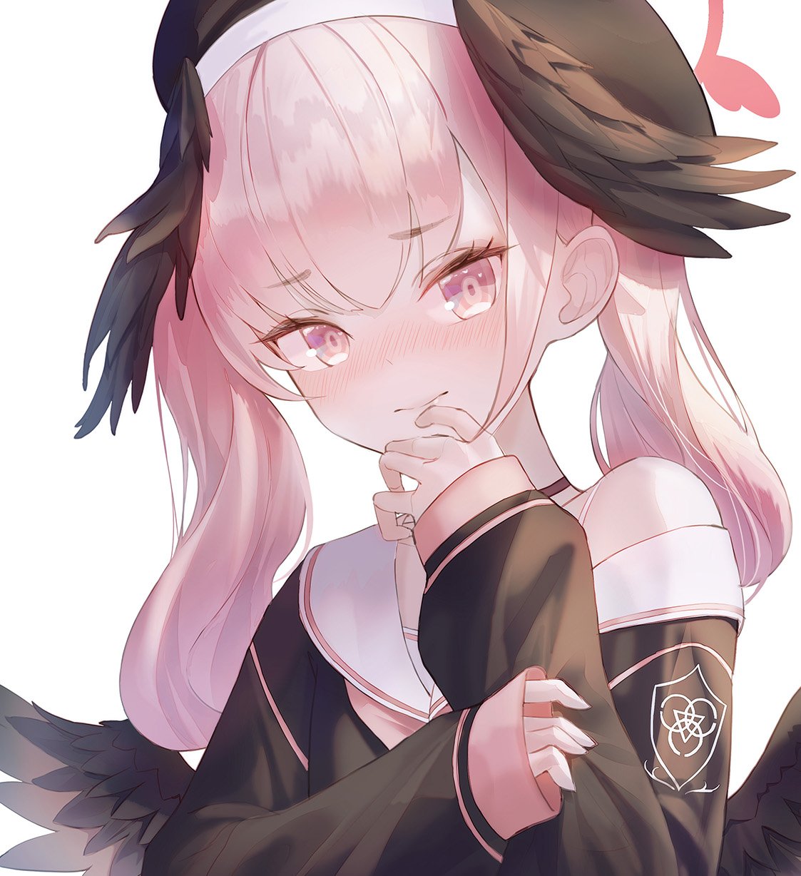 1girl, angel_wings, bangs, beret, black_cardigan, black_headwear, black_wings, blue_archive