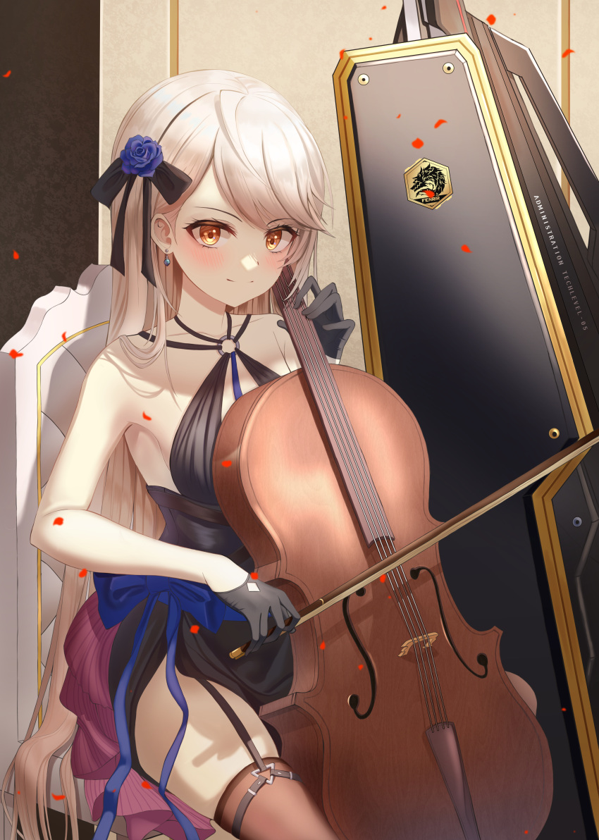 1girl, absurdres, armor, bangs, black_dress, black_gloves, black_ribbon, blue_flower, blue_ribbon, blue_rose, blush, bow_(music), cello, chair, closed_mouth, counter:side, diamond_cutout, doram, dress, earrings, emblem, eyebrows_visible_through_hair, flower, frills, garter_straps, gloves, hair_flower, hair_ornament, hair_ribbon, half_gloves, halter_dress, halter_top, halterneck, highres, hilde_(counter:side), instrument, jewelry, long_hair, looking_at_viewer, music, o-ring, o-ring_top, official_alternate_costume, orange_eyes, playing_instrument, ribbon, rose, shadow, side_slit, sitting, smile, solo, swept_bangs, thigh-highs, triangle_ring, very_long_hair, wall, white_hair