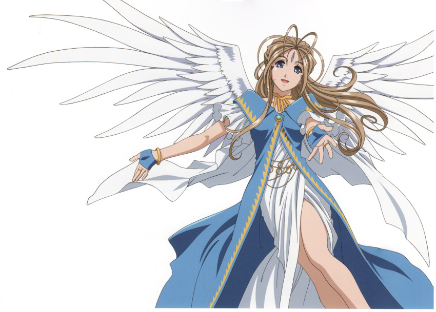 1girl, ah_my_goddess, bangle, belldandy, blue_capelet, blue_coat, blue_eyes, blue_gloves, brown_hair, choker, eyebrows, eyebrows_visible_through_hair, facial_mark, fingerless_gloves, flowing_dress, forehead_mark, goddess, hands_held_apart, happy, jewelry, long_coat, long_hair, looking_at_viewer, medium_breasts, open_coat, open_mouth, outstretched_arms, outstretched_hand, smile, solo, standing, waist_jewelry, white_background, white_dress, wide_sleeves, wings