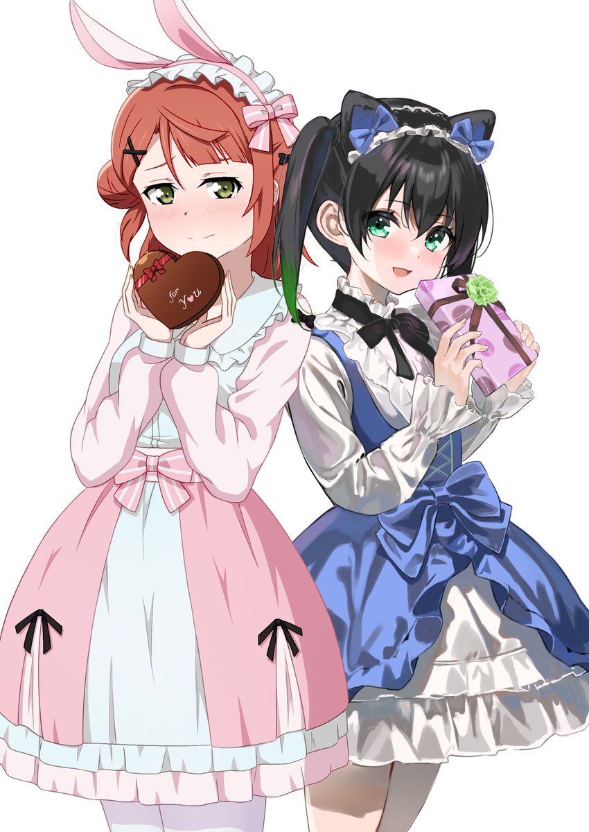 2girls, :d, animal_ears, aqua_eyes, artist_collaboration, black_hair, black_hairband, blouse