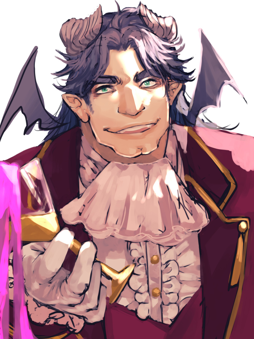 1boy, cleft_chin, cocktail_glass, commentary_request, cup, demon_boy, demon_horns, drinking_glass