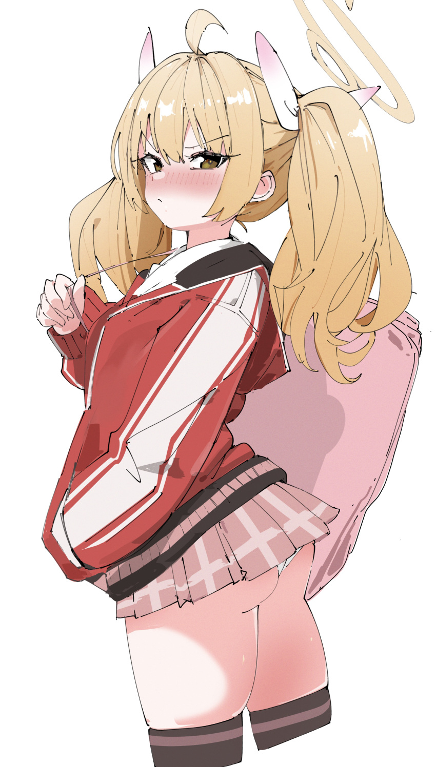 1girl, absurdres, ahoge, ass, bag, bangs, black_legwear, blonde_hair, blue_archive, blush, brown_eyes, closed_mouth, commentary, eyebrows_visible_through_hair, hair_ribbon, hand_in_pocket, highres, jacket, long_hair, long_sleeves, looking_at_viewer, miniskirt, nose, ocha_(popopogg), panties, pantyshot, pink_skirt, pleated_skirt, ribbon, shoulder_bag, simple_background, skindentation, skirt, solo, thigh-highs, track_jacket, twintails, underwear, white_background, white_panties, yoshimi_(blue_archive)