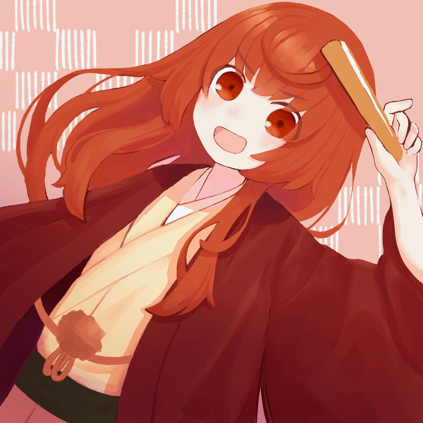 1girl, :d, ahoge, bangs, buratei_marii, closed_fan, commentary, folding_fan, hand_fan, hand_up, haori, highres, holding, holding_fan, jacket, japanese_clothes, joshiraku, kimono, long_hair, long_sleeves, looking_at_viewer, red_eyes, red_jacket, redhead, sash, smile, solo, upper_body, wide_sleeves, wishida, yellow_kimono