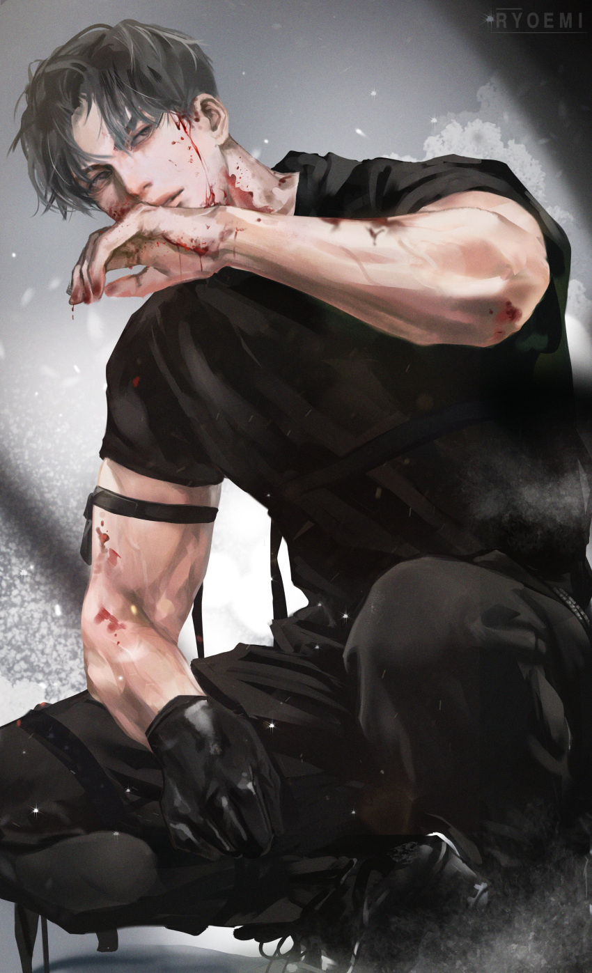 1boy, absurdres, artist_name, black_shirt, blood, blood_on_face, commentary_request, gloves, grey_background, hand_on_own_face, hand_on_own_leg, highres, male_focus, muscular, muscular_male, original, pants, ryeomiii, shirt, short_hair, short_sleeves, solo, squatting