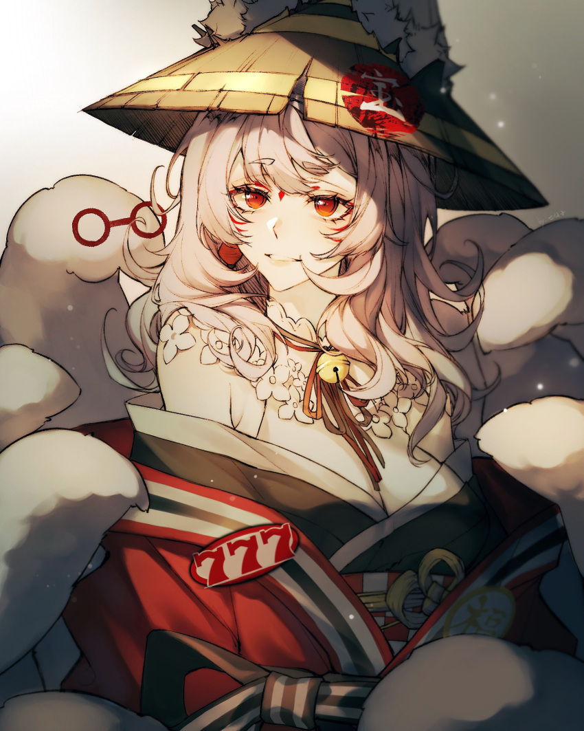 1girl, animal_ears, black_gloves, black_headwear, black_kimono, black_ribbon, breasts, checkered_obi