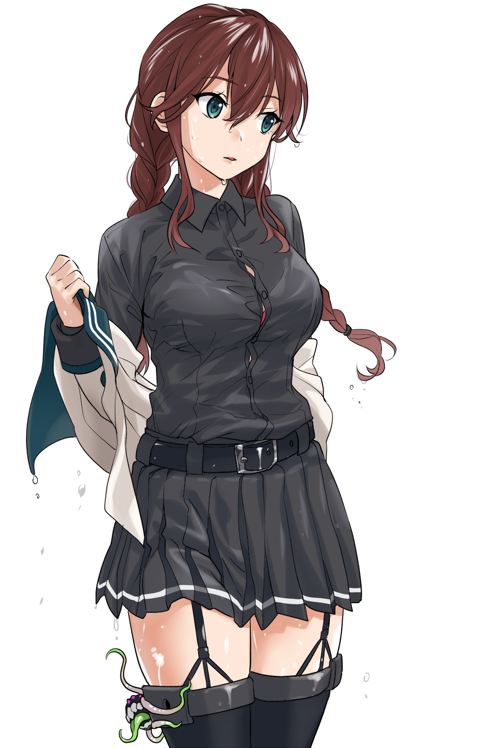 1girl, bangs, belt, black_legwear, black_shirt, black_skirt, bra, bra_peek, braid, breasts, brown_hair, button_gap, commentary_request, enemy_naval_mine_(kancolle), furufuru_fugu, garter_straps, hair_between_eyes, highres, kantai_collection, long_hair, medium_breasts, noshiro_(kancolle), noshiro_kai_ni_(kancolle), open_clothes, parted_lips, pleated_skirt, shirt, sidelocks, simple_background, skirt, tentacles, thigh-highs, tongue, twin_braids, underwear, wet, wet_clothes, white_background