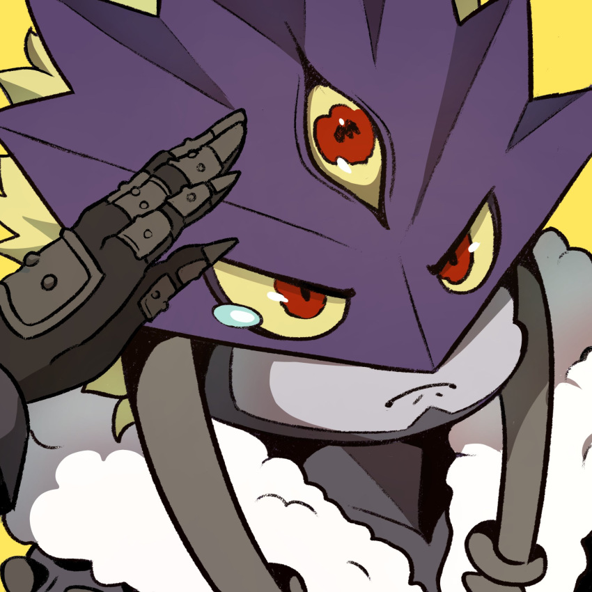 1boy, arm_up, beelzebumon, black_gloves, blonde_hair, closed_mouth, digimon, digimon_(creature), digimon_tamers, fur_trim, gloves, highres, male_focus, mask, nui_(nuitt), red_eyes, simple_background, solo, tearing_up, third_eye, yellow_background