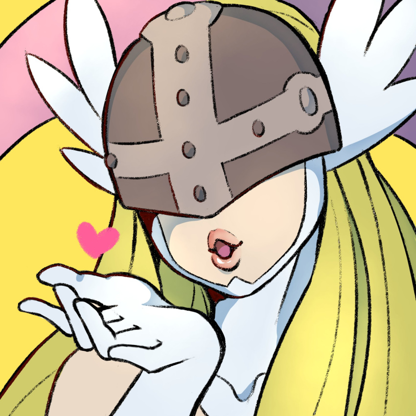 1girl, :o, angewomon, blonde_hair, covered_collarbone, covered_eyes, digimon, digimon_(creature), digimon_adventure, gloves, heart, helmet, highres, long_hair, nui_(nuitt), open_mouth, portrait, simple_background, solo, white_gloves, yellow_background