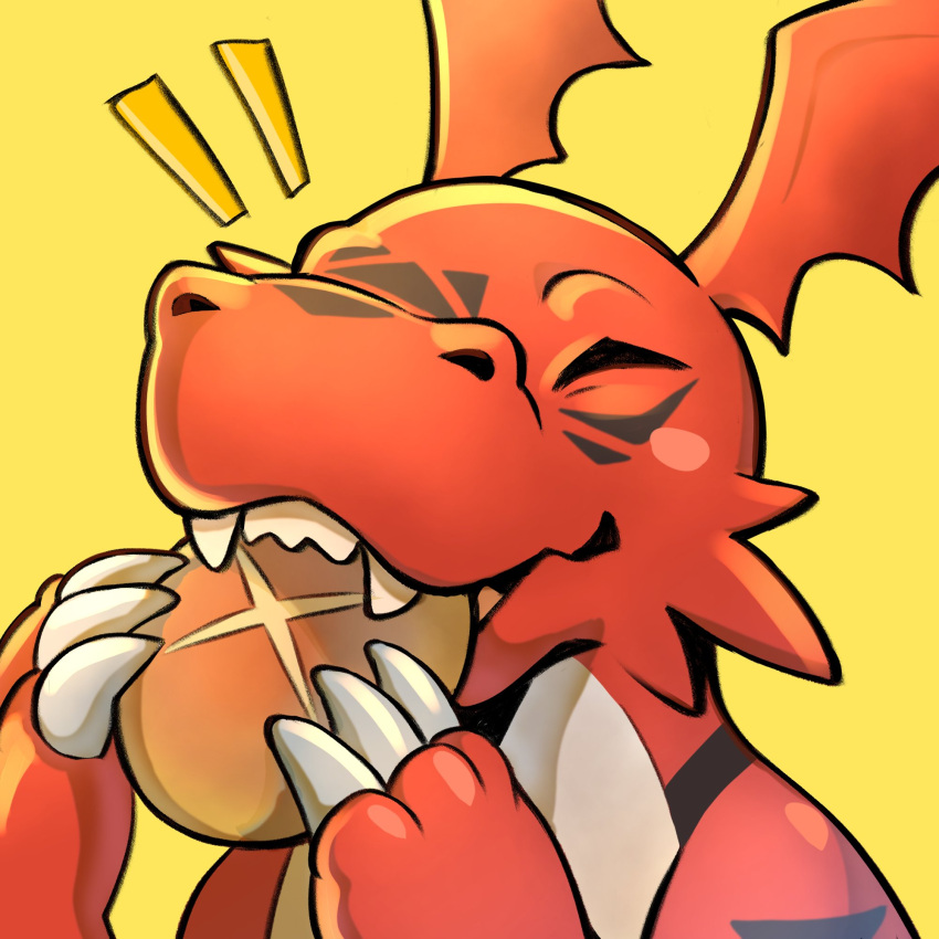 bread, claws, closed_eyes, colored_skin, digimon, digimon_(creature), digimon_tamers, eating, facial_mark, food, guilmon, happy, highres, holding, no_humans, notice_lines, nui_(nuitt), red_skin, simple_background, yellow_background