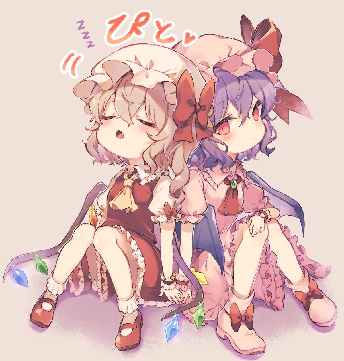 2girls, ascot, bangs, bat_wings, blush, boots, bow, breasts