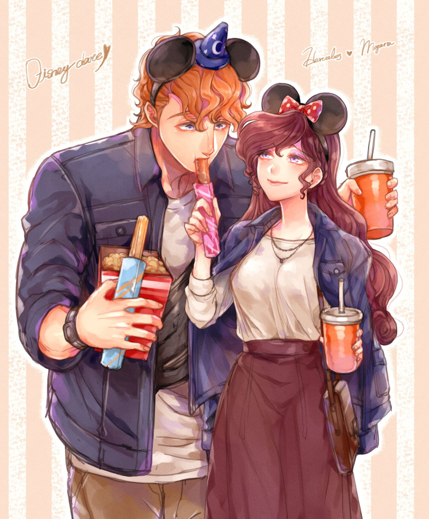 1boy, 1girl, bag, bangs, blue_eyes, bow, brown_pants, brown_skirt, casual, character_name, contemporary, cup, denim, denim_jacket, dessert, disney, disposable_cup, drinking_straw, eye_contact, feeding, food, hair_bow, handbag, hat, hercules_(disney), hercules_(disney)_(character), hetero, highres, holding, holding_cup, holding_food, jacket, jewelry, long_hair, looking_at_another, megara_(disney), mickey_mouse_ears, mizala, necklace, orange_hair, pants, pocket, polka_dot, polka_dot_bow, red_bow, shirt, short_hair, skirt, standing, striped, striped_background, swept_bangs, watch, watch, white_shirt, wizard_hat