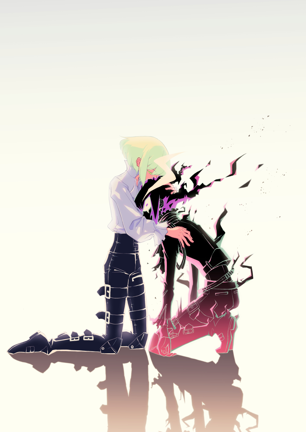 2boys, androgynous, belt, black_footwear, black_pants, buckle, closed_eyes, dual_persona