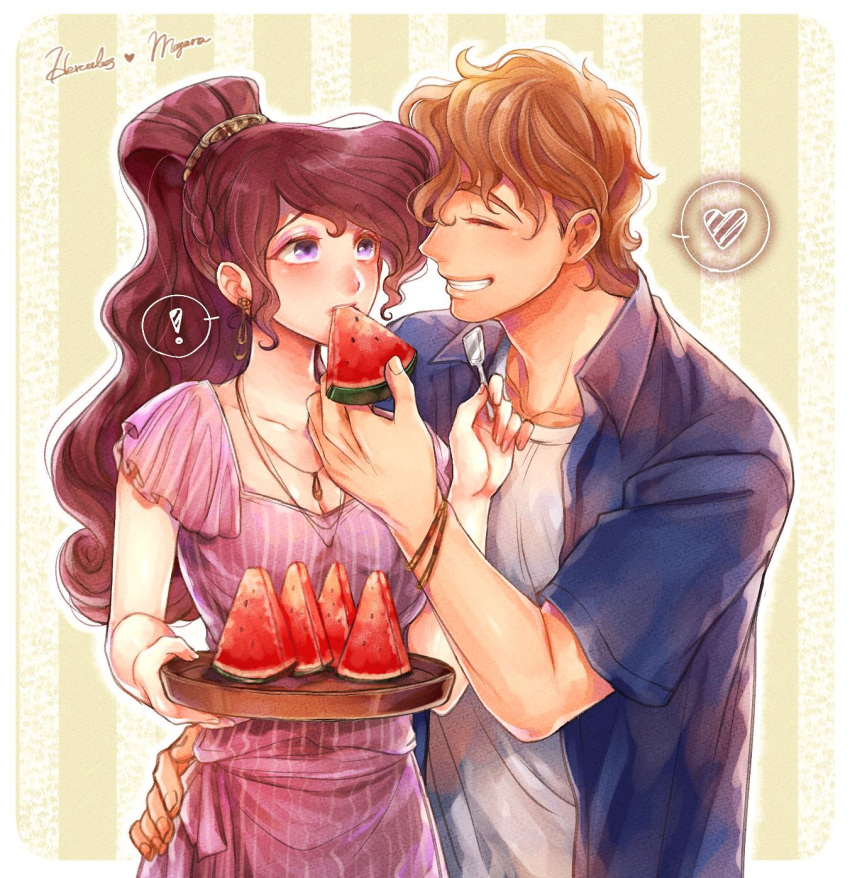 !, 1boy, 1girl, blue_shirt, brown_hair, casual, character_name, closed_eyes