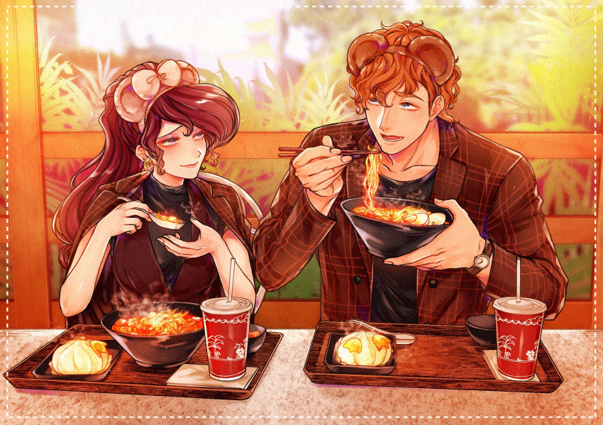 1boy, 1girl, animal_ears, baozi, blue_eyes, bow, bowl, brown_hair