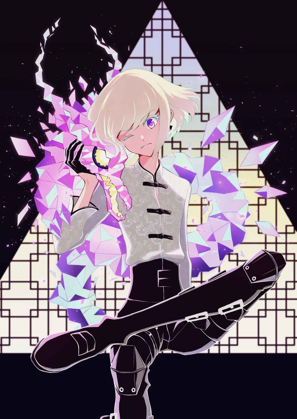 1boy, androgynous, black_pants, chinese_clothes, crossed_legs, dragon, earrings, eyebrows_visible_through_hair