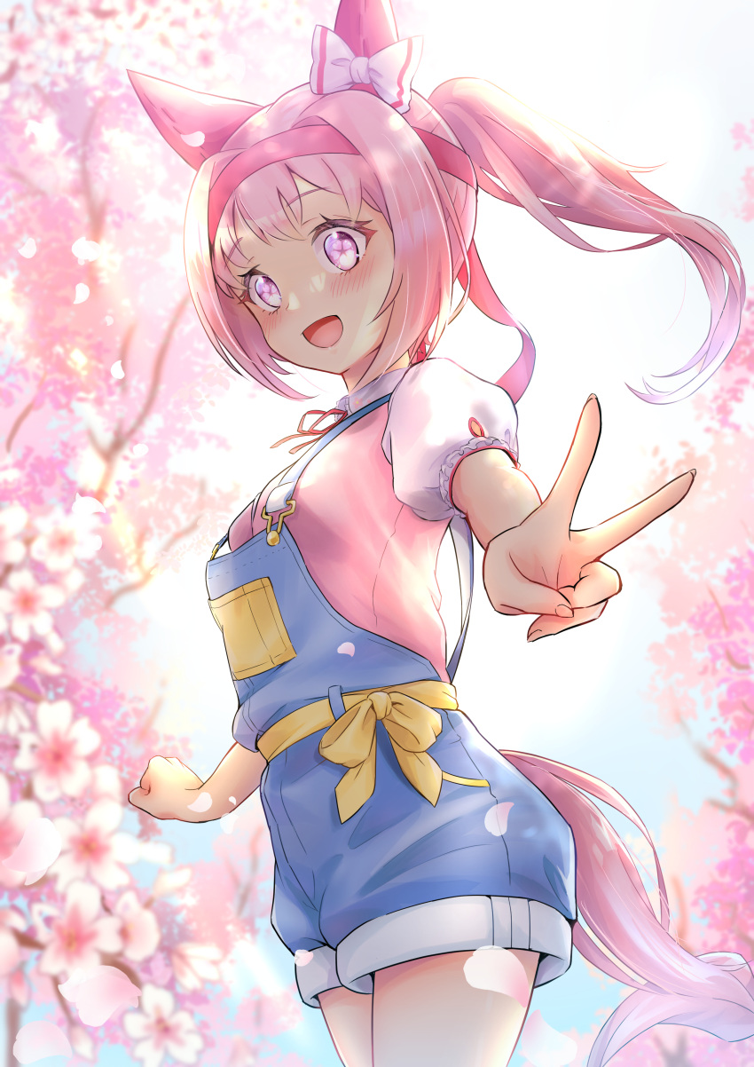 1girl, absurdres, animal_ears, blush, bow, cherry_blossoms, ear_covers, flower-shaped_pupils, flower_in_eye, hair_bow, hair_intakes, haru_urara_(umamusume), headband, highres, horse_ears, horse_girl, horse_tail, long_hair, open_mouth, outstretched_arm, overall_shorts, overalls, petals, pink_eyes, pink_hair, pink_shirt, ponytail, ribbon, shirt, short_sleeves, smile, symbol-shaped_pupils, symbol_in_eye, tail, tank_me_(aftz4474), tree, umamusume, v