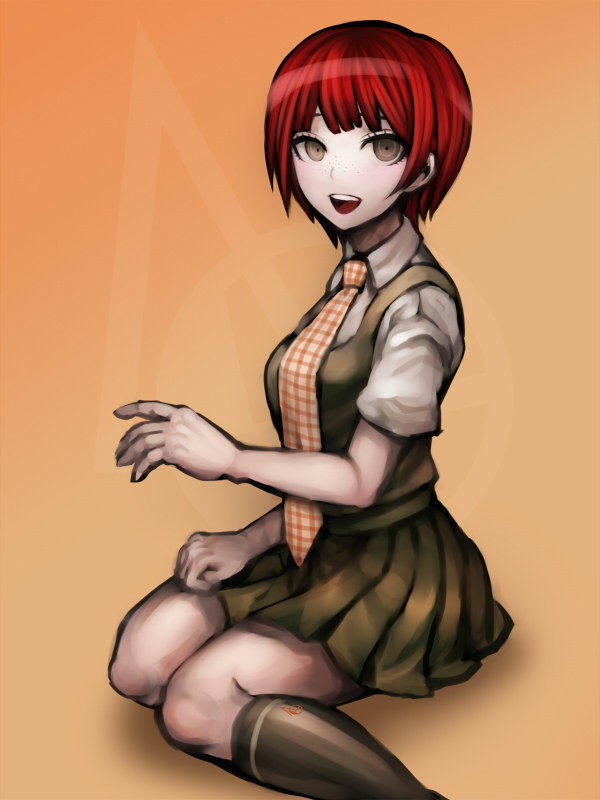1girl, :d, bangs, brown_eyes, danganronpa_(series), danganronpa_2:_goodbye_despair, freckles, from_side