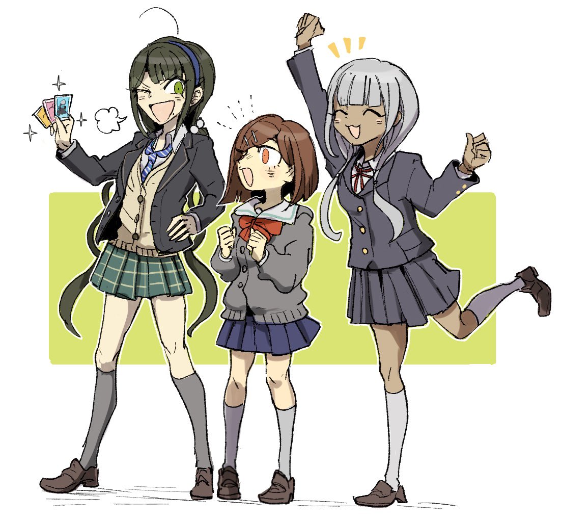 3girls, :3, :d, arm_up, bangs, blue_skirt, bow, bowtie