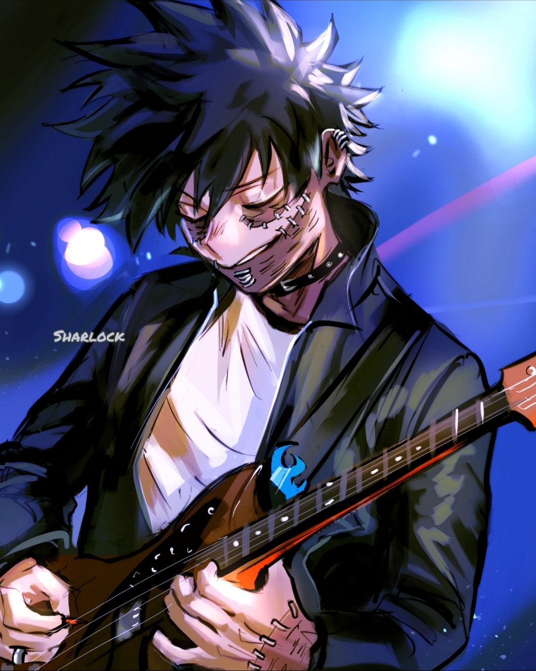 1boy, artist_name, black_hair, black_jacket, boku_no_hero_academia, burn_scar, cheek_piercing, choker