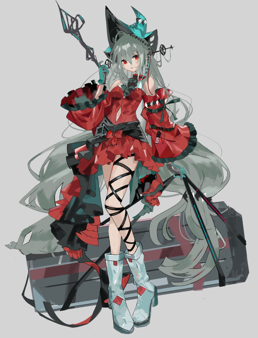 arknights, ascot, bangs, bare_shoulders, boots, breasts, detached_sleeves, dress