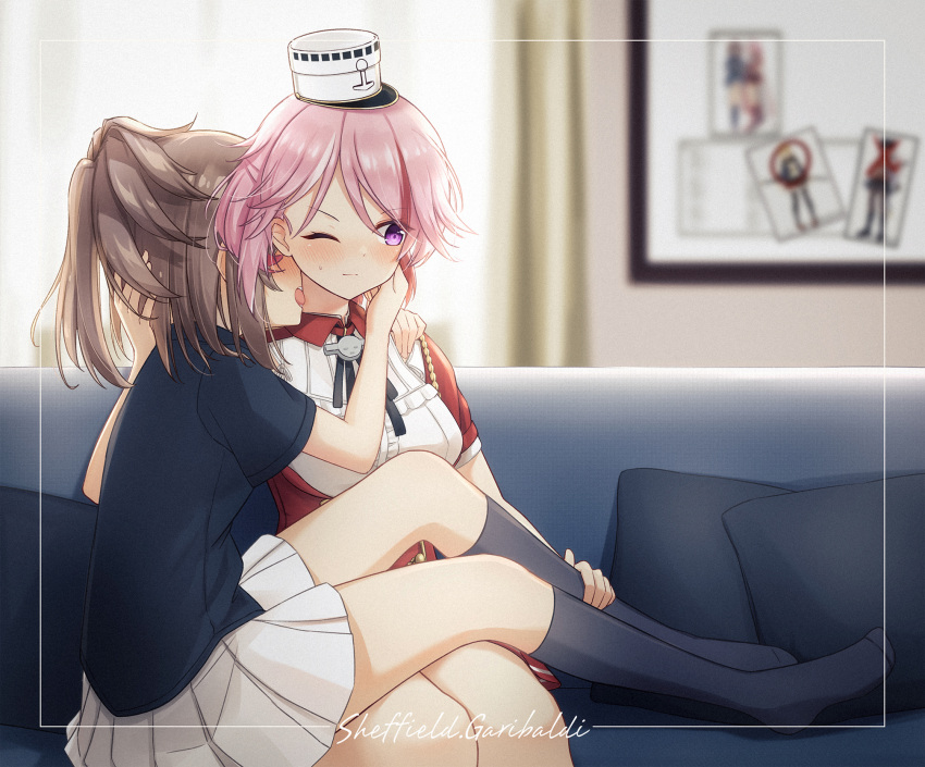2girls, aticsanir, black_legwear, black_shirt, blush, brown_hair, closed_mouth, collared_shirt