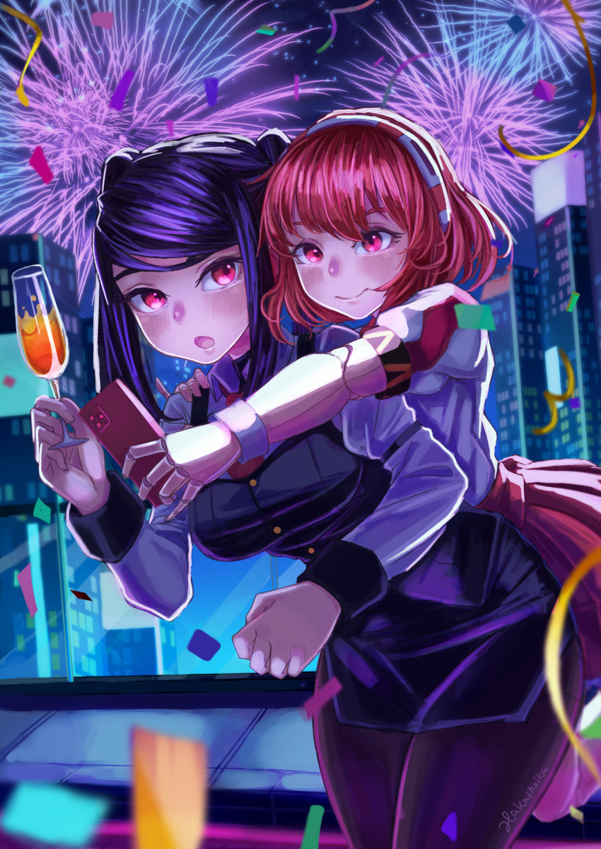 2girls, :o, android, blurry, blush, breasts, champagne_flute, confetti
