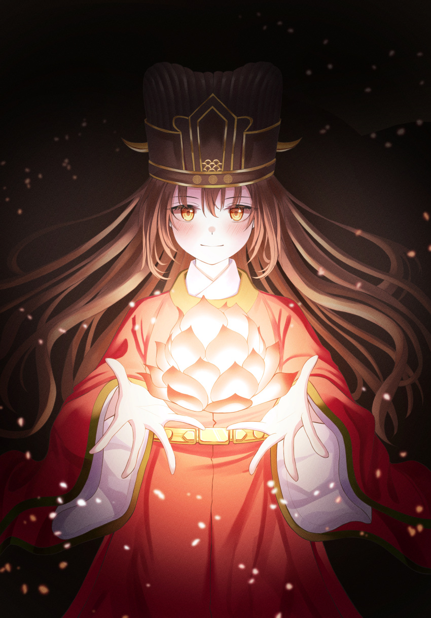 1girl, absurdres, bangs, blush, brown_hair, clothing_request, cowboy_shot, doram, dress, floating, floating_hair, flower, glowing, gold_trim, hair_between_eyes, hat, highres, horned_hat, lantern, light, light_particles, light_smile, long_hair, long_sleeves, looking_at_viewer, lotus, night, orange_eyes, original, red_dress, solo, spread_fingers