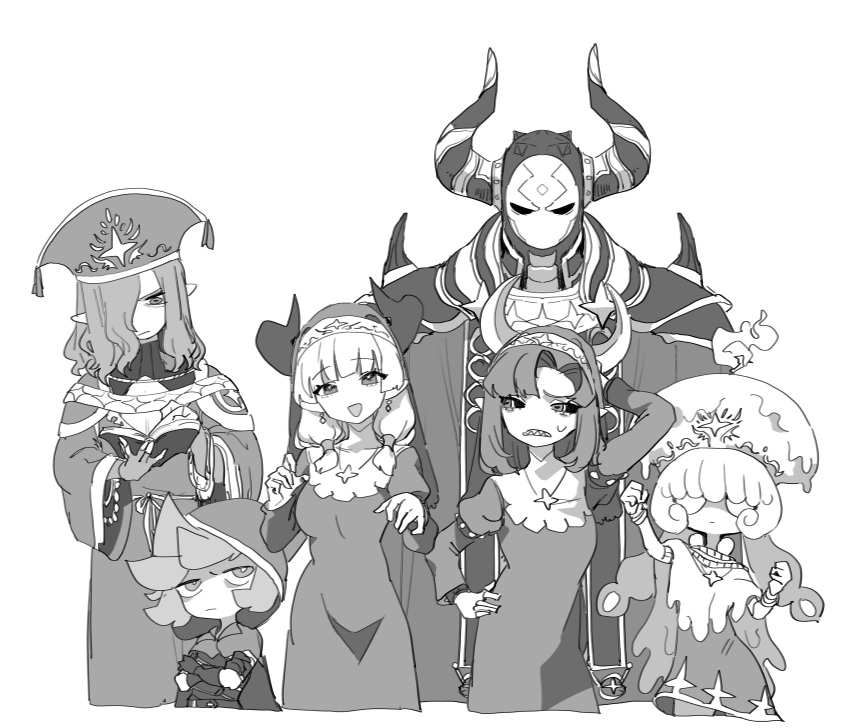3boys, 3girls, :d, absurdres, black_sclera, book, candle, cape, clenched_teeth, closed_mouth, colored_sclera, cordula_(okame_nin), crossed_arms, dorlitt_(okame_nin), dress, greyscale, habit, hand_up, heart, heart-shaped_pupils, highres, holding, holding_book, horizontal_pupils, horns, horns_through_headwear, jewelry, long_sleeves, looking_at_viewer, mana_matitia_(okame_nin), monochrome, multiple_boys, multiple_girls, necklace, niian_(okame_nin), nun, okame_nin, open_book, original, reading, sharp_teeth, simple_background, smile, symbol-shaped_pupils, teeth, ueria_(okame_nin), urushia_(okame_nin), white_background