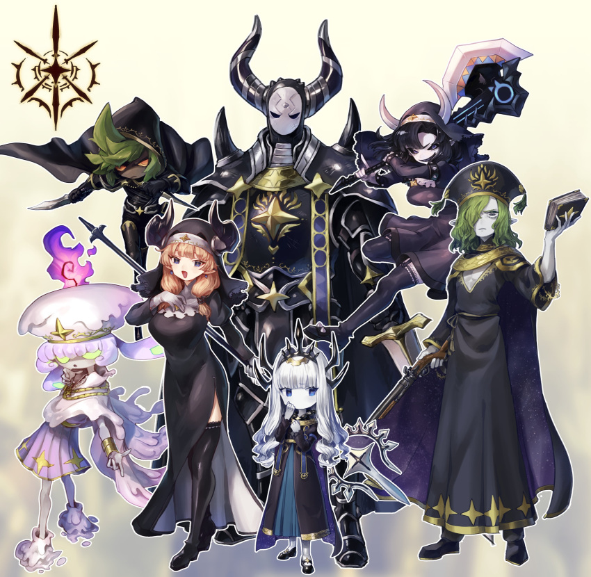 2boys, 5girls, :d, absurdres, armor, axe, black_legwear, black_sclera