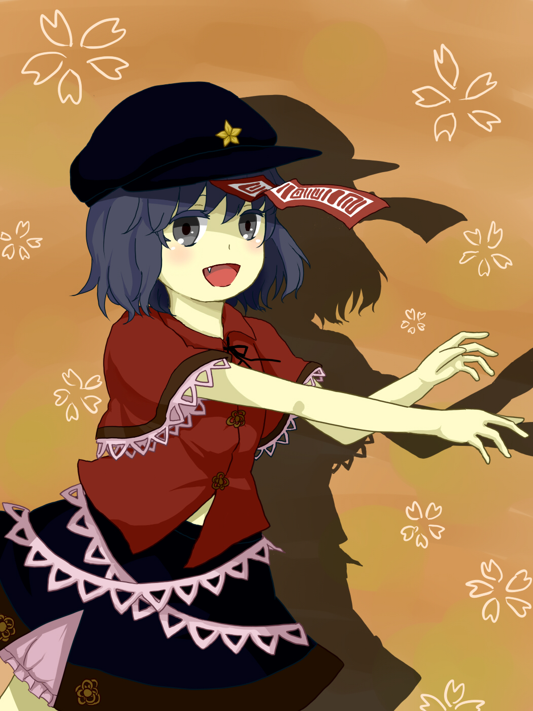 1girl, :d, black_skirt, blue_hair, brown_background, cabbie_hat, drop_shadow, fang