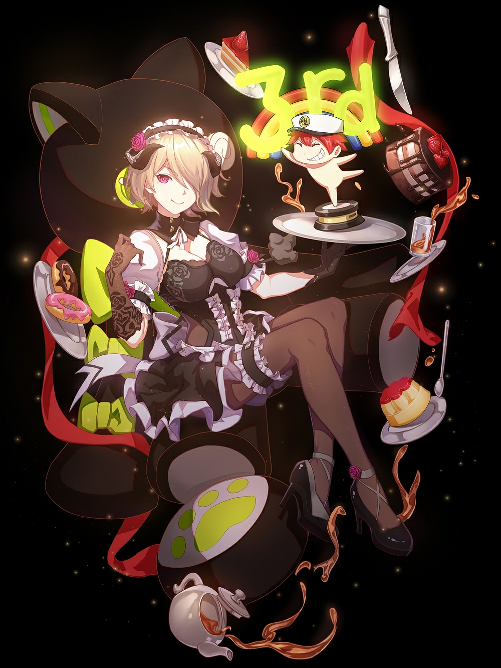 1girl, artist_request, asymmetrical_gloves, bangs, black_background, black_gloves, brown_hair, brown_legwear