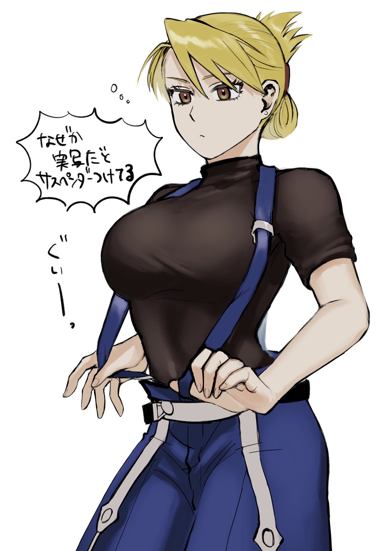 1girl, bangs, black_shirt, blonde_hair, breasts, brown_eyes, earrings, expressionless
