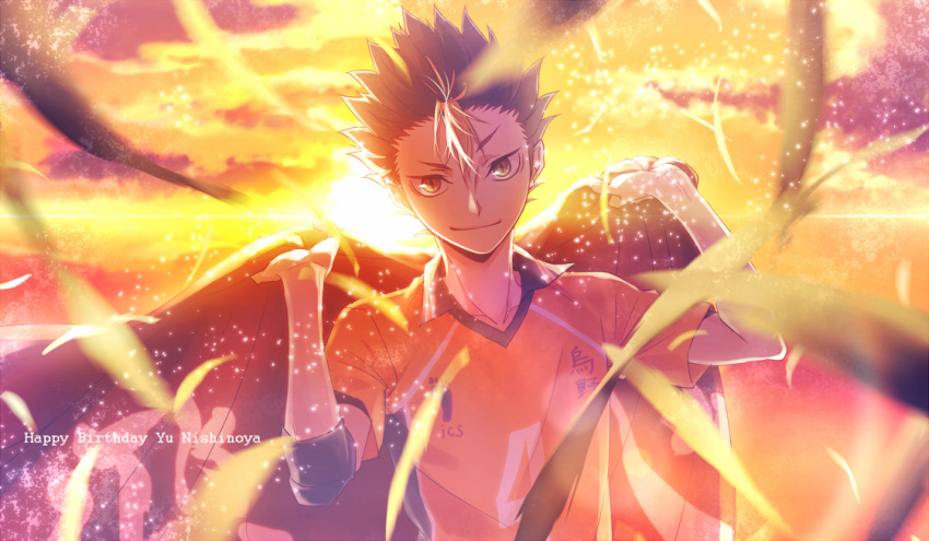 1boy, bangs, black_hair, blonde_hair, brown_eyes, character_name, dyed_bangs, elbow_pads