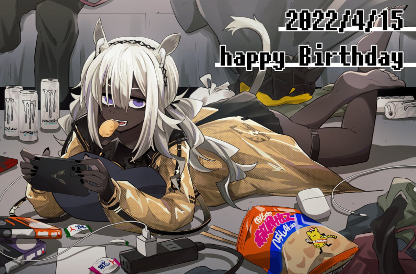 1girl, airpods, animal_ear_fluff, animal_ears, arknights, barefoot, bed, black_dress