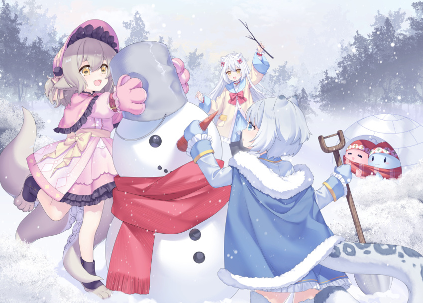 3girls, :d, animal_ear_fluff, animal_ears, animal_hands, arm_up, bangs, blue_cloak