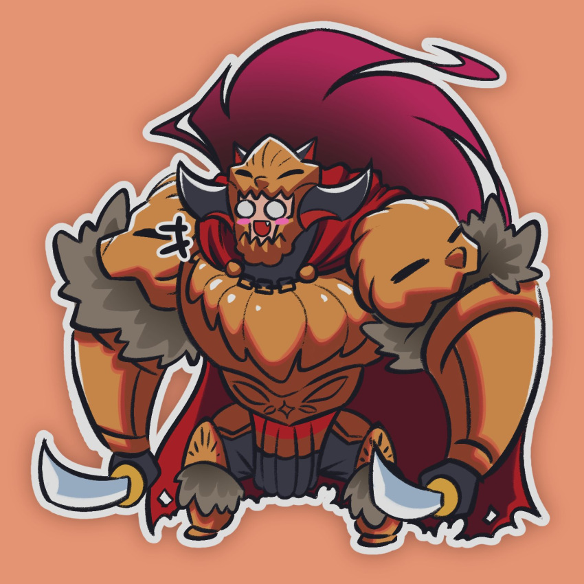 1girl, :d, armor, big_hair, blank_eyes, blush_stickers, breastplate, cape