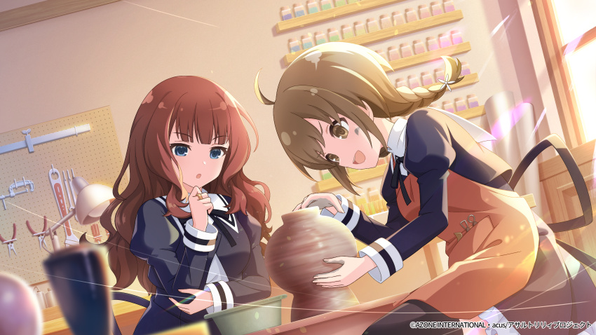 2girls, :d, :o, adjustable_wrench, ahoge, apron, artist_request, assault_lily, backlighting, bangs, black_legwear, black_ribbon, blue_eyes, blunt_bangs, blurry, blurry_foreground, bowl, braid, brown_eyes, brown_hair, clay, cropped_jacket, day, desk_lamp, dirty, dirty_face, dirty_hands, dutch_angle, eyebrows_visible_through_hair, fingernails, flower, frilled_skirt, frills, hair_flower, hair_ornament, hand_on_own_elbow, hand_to_own_mouth, hands_up, high-waist_skirt, highres, indoors, jar, jewelry, juliet_sleeves, kaede_johan_nouvel, lamp, lens_flare, light_particles, long_hair, long_sleeves, looking_at_object, looking_down, low_twin_braids, low_twintails, medium_hair, miniskirt, multiple_girls, neck_ribbon, official_art, open_mouth, orange_apron, parted_lips, pliers, pocket, pottery, puffy_sleeves, ribbon, ring, rokkaku_shiori, school_uniform, screwdriver, shiny, shiny_hair, sidelocks, skirt, smile, sunlight, table, teeth, thigh-highs, tools, twin_braids, twintails, upper_teeth, v-shaped_eyebrows, vase, watermark, wavy_hair, white_flower, window, wrench, yurigaoka_girls_academy_school_uniform, zettai_ryouiki