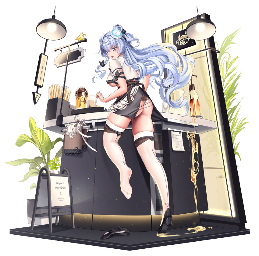 1girl, absurdres, apron, arm_ribbon, ass, bangs, bird, black_footwear