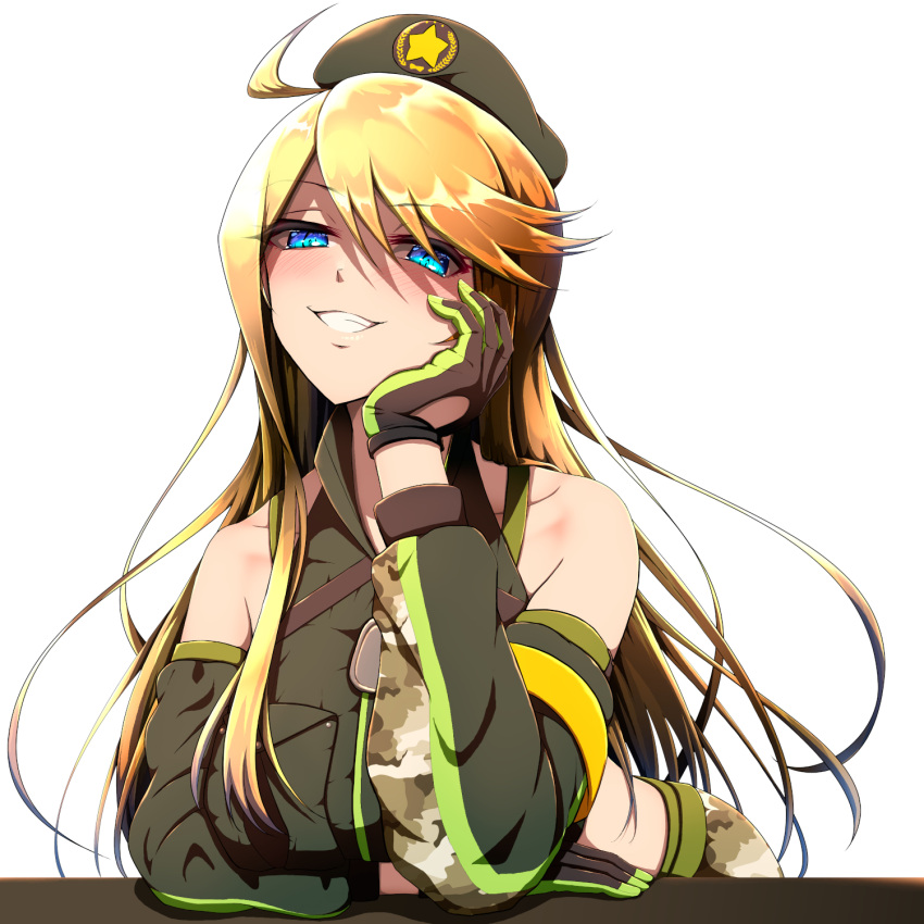 1girl, arm_support, bangs, blue_eyes, brown_hair, camouflage, clenched_teeth, commentary_request