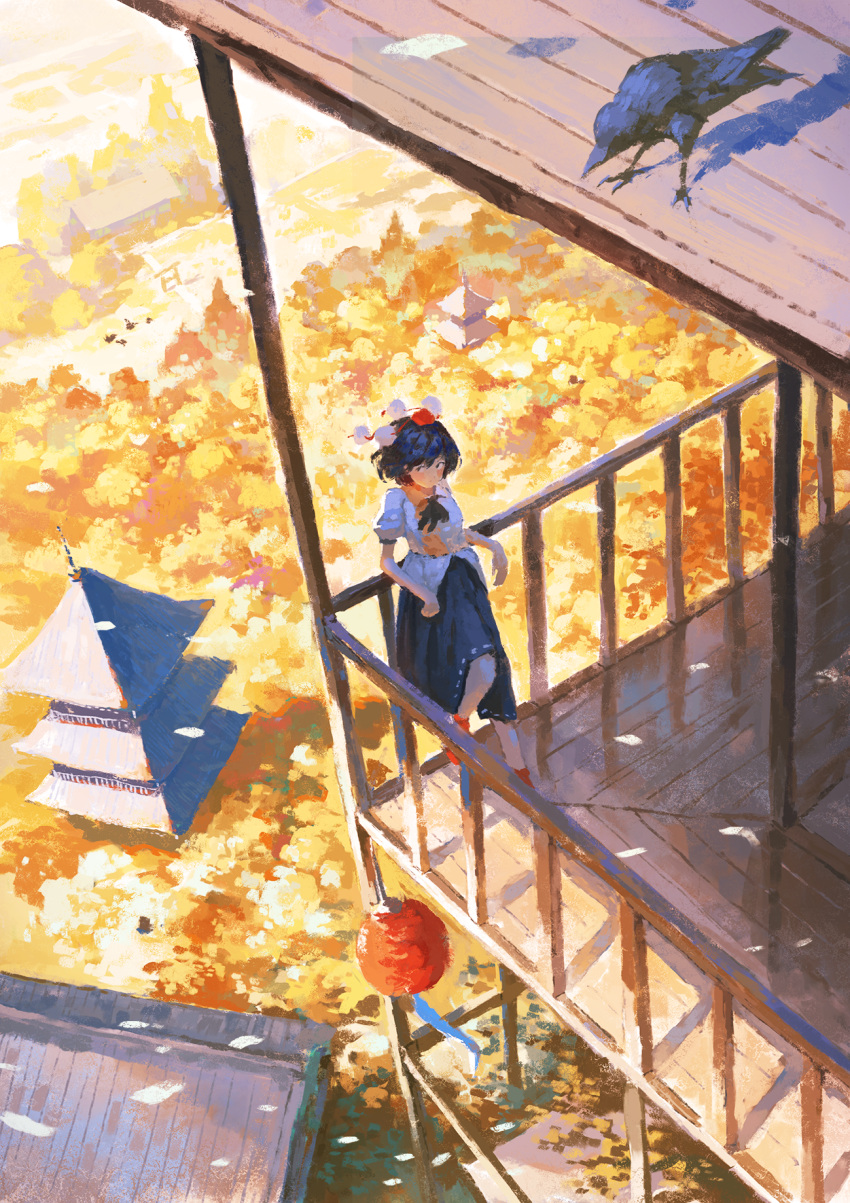 1girl, animal, architecture, arm_rest, autumn, balcony, bird, black_hair