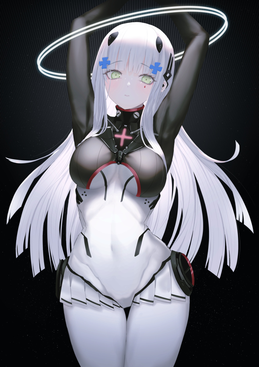 1girl, arms_up, bangs, black_background, blunt_bangs, bodysuit, breasts, covered_navel, cowboy_shot, earpiece, eigo_ichii, eyebrows_visible_through_hair, facial_mark, girls_frontline, gradient, gradient_background, green_eyes, hair_ornament, highres, hk416_(girls'_frontline), hk416_(midnight_evangelion)_(girls'_frontline), large_breasts, long_hair, looking_at_viewer, miniskirt, parted_lips, pleated_skirt, showgirl_skirt, silver_hair, skin_tight, skirt, solo, straight_hair, very_long_hair, white_bodysuit, white_skirt