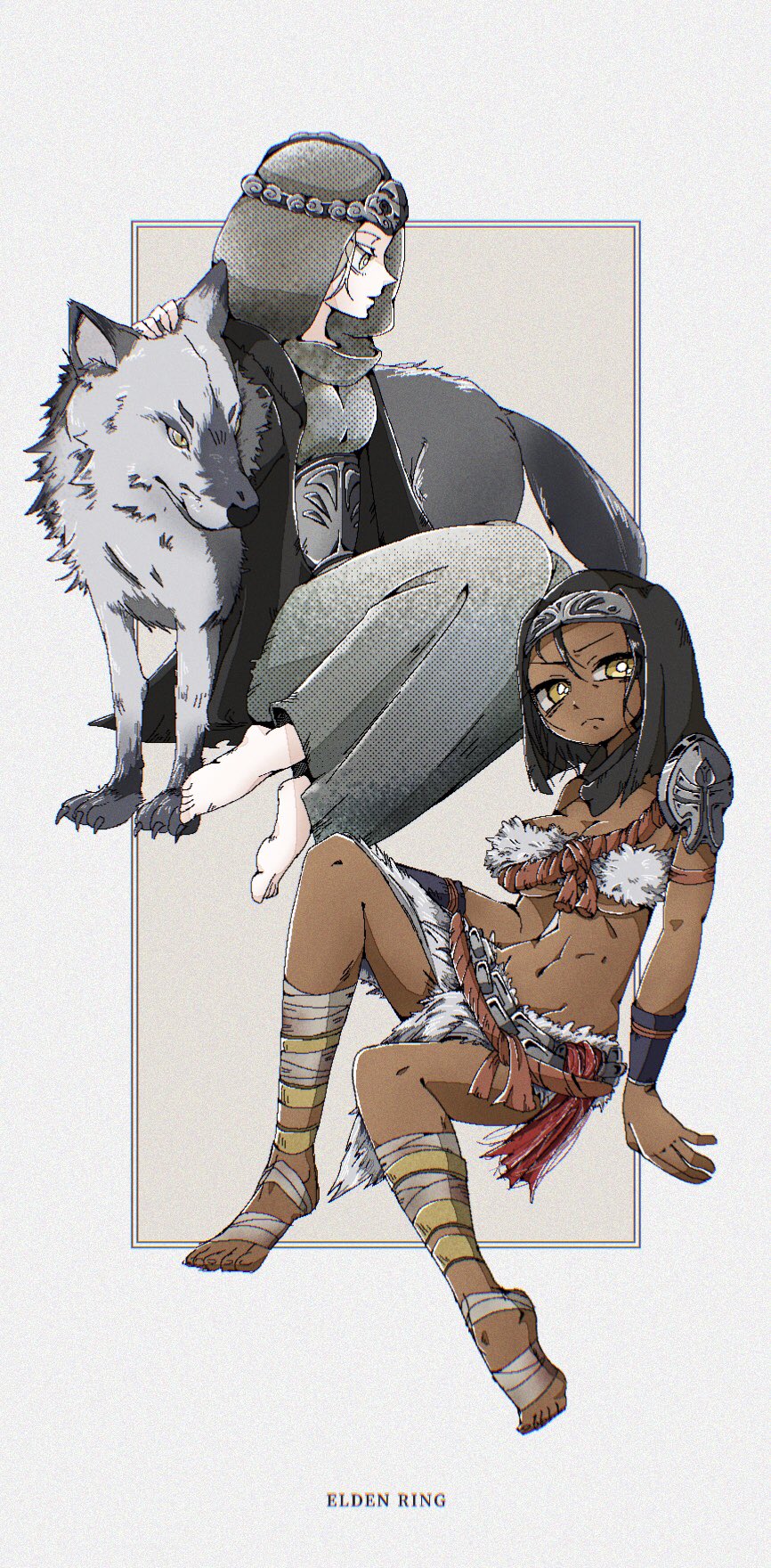 2girls, armor, bandaged_foot, bandaged_leg, bandages, bandeau, barefoot, black_hair