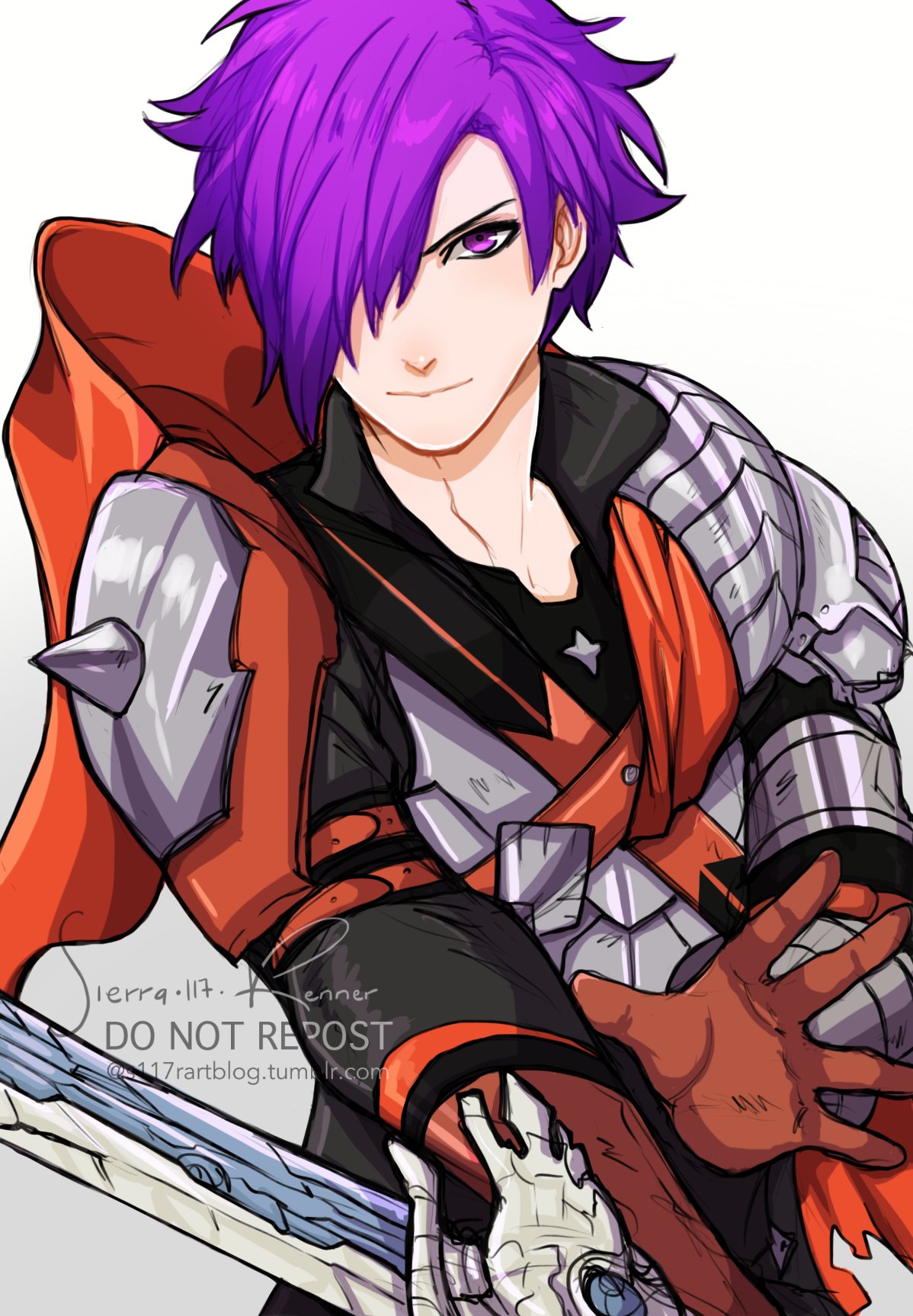 1boy, armor, cape, fire_emblem, fire_emblem:_three_houses, fire_emblem_warriors, fire_emblem_warriors:_three_hopes, gloves, hair_over_one_eye, highres, holding, long_hair, long_sleeves, looking_at_viewer, male_focus, medium_hair, purple_hair, shez_(fire_emblem), shez_(fire_emblem)_(male), short_hair, sierra117renner, simple_background, solo, sword, violet_eyes, weapon