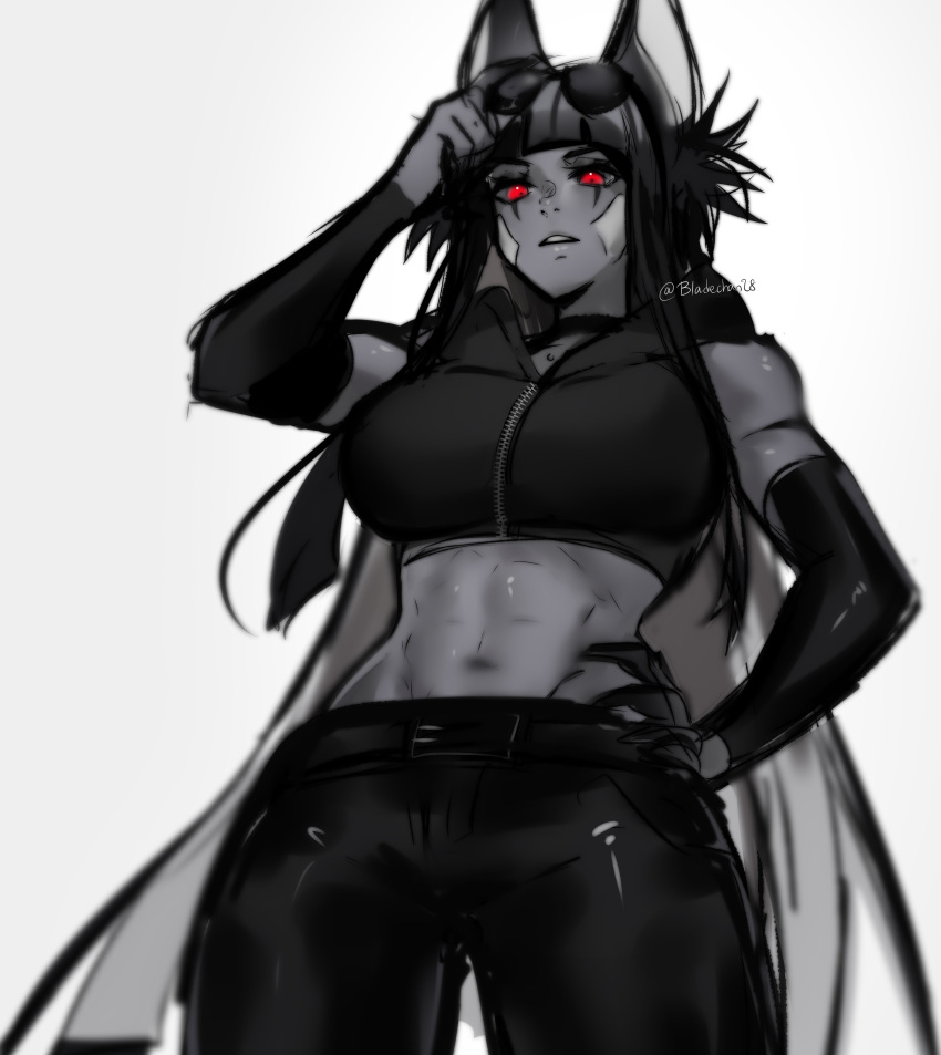 1girl, abs, absurdres, animal_ears, anput_(nsfwolf), bangs, black_hair, black_shirt