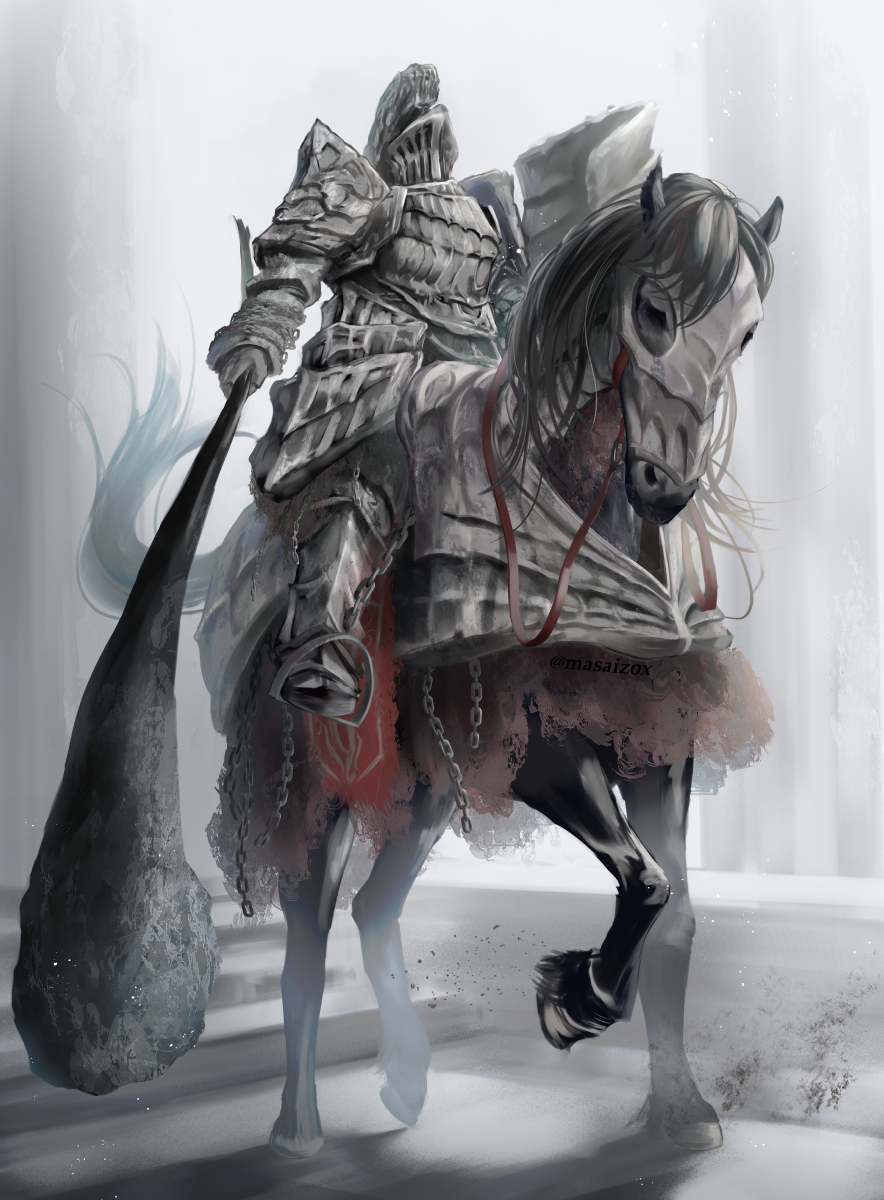 1boy, armor, barding, club_(weapon), crossover, dark_souls_(series), dark_souls_i, elden_ring, full_armor, fusion, gauntlets, havel_the_rock, helmet, highres, holding, holding_club, holding_shield, holding_weapon, horseback_riding, masai_no_senshi, pauldrons, riding, shield, shoulder_armor, signature, standing_on_three_legs, tower_shield, tree_sentinel, weapon
