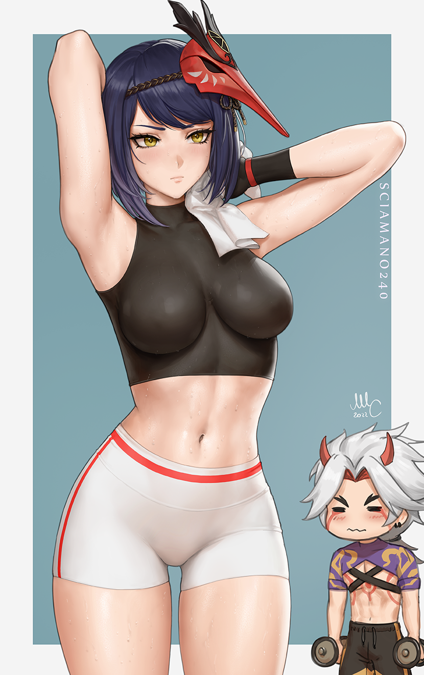 1boy, 1girl, 2022, arataki_itto, arm_behind_head, armpits, arms_up, artist_name, bangs, bike_shorts, bird_mask, black_gloves, black_hair, black_shirt, breasts, chibi, closed_mouth, cowboy_shot, dumbbell, fingerless_gloves, genshin_impact, gloves, highres, holding, holding_towel, kujou_sara, mask, mask_on_head, medium_breasts, midriff, navel, pants, pantyhose, sciamano240, shirt, short_hair, shorts, signature, sports_bra, sportswear, stomach, sweat, swept_bangs, tight, tight_shirt, towel, white_shorts, wiping_sweat, yellow_eyes