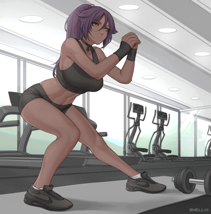 1girl, abs, absurdres, ankle_socks, artist_name, bare_legs, bare_shoulders, black_footwear, bleach, breasts, dark-skinned_female, dark_skin, exercise, exercise_machine, full_body, gym, hair_between_eyes, hair_ribbon, high_ponytail, highres, indoors, large_breasts, long_hair, midriff, nike, purple_hair, red_ribbon, ribbon, shellvi, shihouin_yoruichi, shoes, short_shorts, shorts, sneakers, socks, solo, sports_bikini, sports_bra, standing, sweat, sweatband, toned, weights, white_legwear, wristband, yellow_eyes