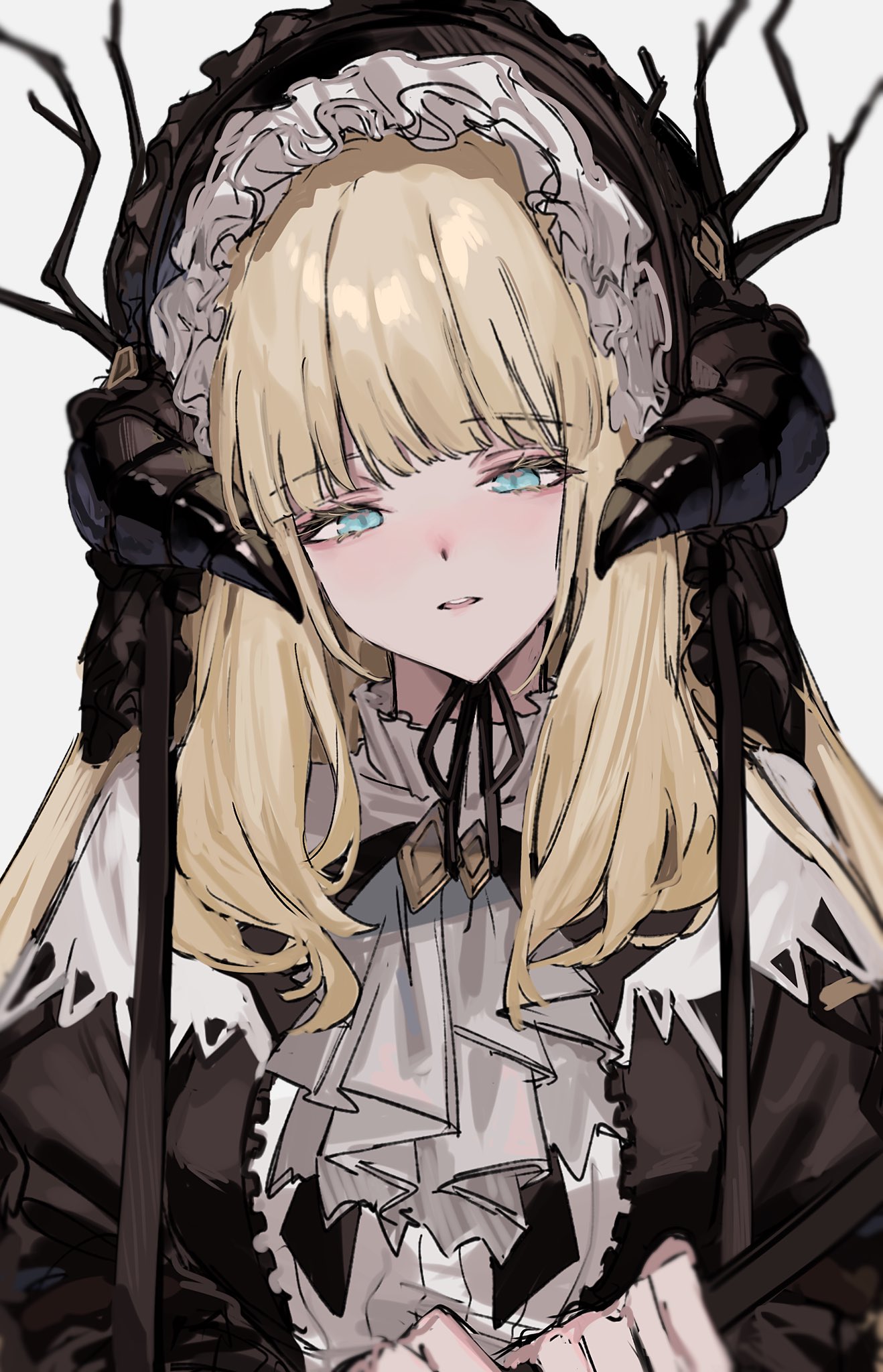 1girl, aogisa, arknights, bangs, black_bow, black_bowtie, black_dress, blonde_hair